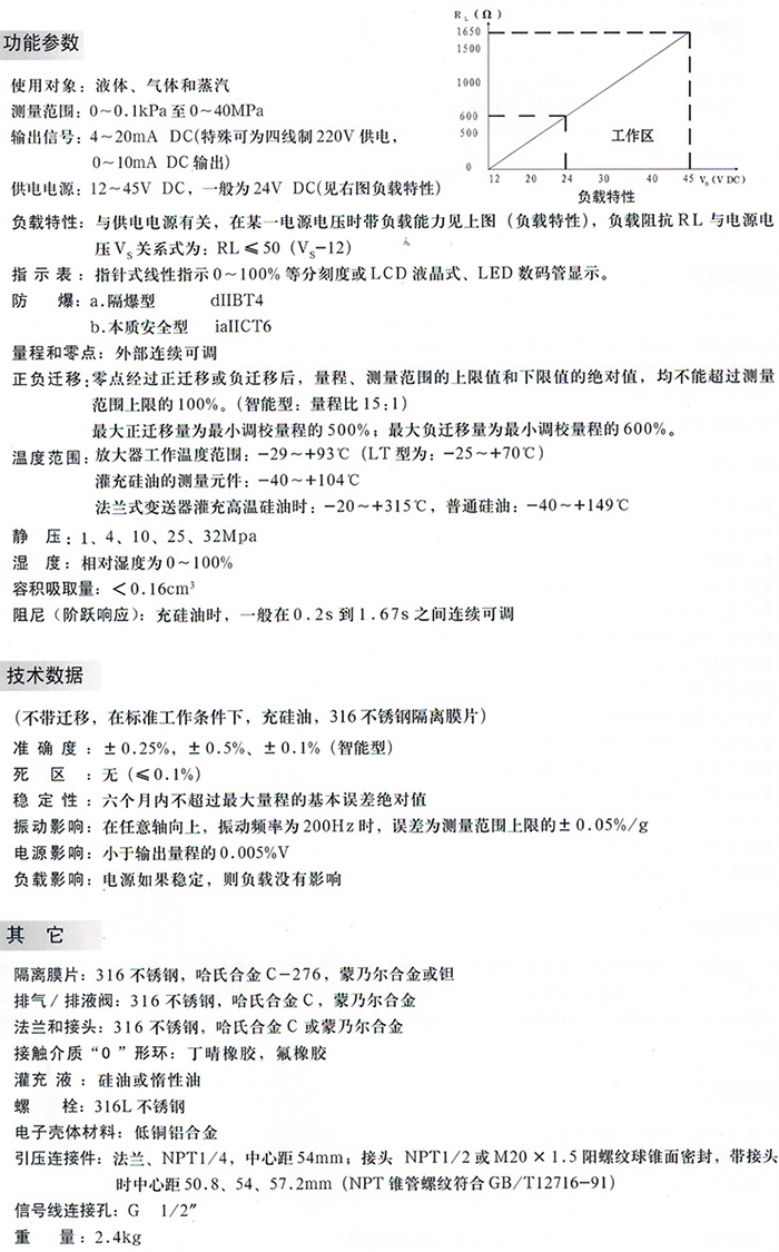 單法蘭液位變送器技術(shù)參數(shù)對(duì)照表